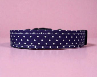 Purple Polka Dot Handmade dog collar: Washable fabric, adjustable side release, webbing core, customizable hardware, wide dog collar