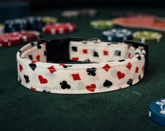 Playing Card Suit handmade dog collar, adjustable side release, washable cotton fabric, webbing core, customizable hardware
