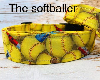 Softball Dog Collar: Yellow Fabric, Adjustable Side Release, handmade funny dog collars, side release, washable 