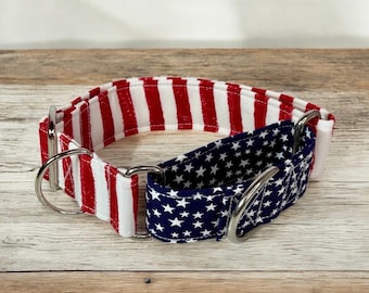 Stars and Stripes martingale handmade dog collar, adjustable, washable, stainless steel hardware, gentle choke collar, no buckle