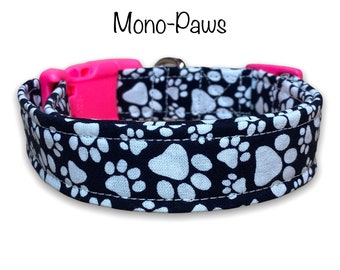 Paw dog collar, boy dog collar, girl dog collar, adjustable, washable, eco friendly, fabric collar, side release, black, white, dog paws