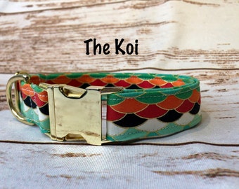 Koi Dog Collar, adjustable collar, brass collar, gold hardware, buckle dog collar, brass hardware, Koi, adjustable dog collar, side release
