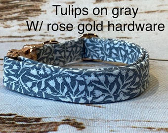 Dog Collar, adjustable collar, metal buckle, martingale, floral dog collar, rose gold hardware, buckle dog collar, gray and rose gold, tulip