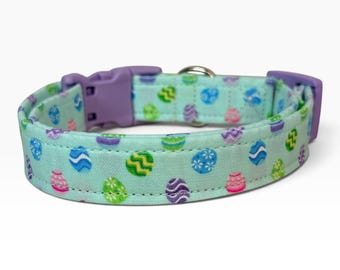 Easter Egg Handmade dog collar, cat collar: Adjustable side release, washable cotton fabric, webbing core, customizable hardware color