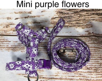 Dog harness, harness and leash, girl dog harness, dog halter, leash, step in harness, standard harness, dog harness set, purple flowers