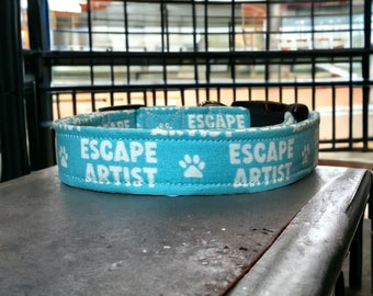 Escape artist dog collar, funny dog collar, side release adjustable collar, washable dog collar, handmade dog collar, light blue dog collar
