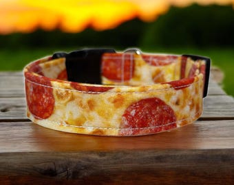 Pepperoni pizza food dog collar, handmade fabric dog collar, side release adjustable dog collar, funny dog collars, washable, gifts for dogs