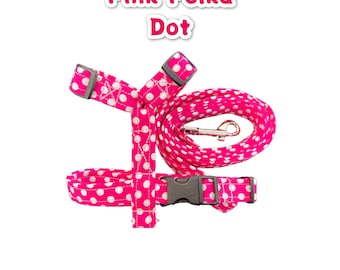 Pink Polka Dot dog harness and leash set, standard roman harness, step in harness, pet harness and leash set, handmade pet harness