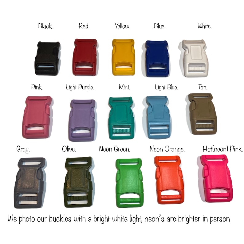May include: A collection of 15 plastic buckle clips in various colors, including black, red, yellow, blue, white, pink, light purple, mint, light blue, tan, gray, olive, neon green, neon orange, and hot pink. The buckles are arranged in three rows of five.