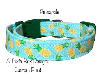 Food dog collar, pineapple, dog collar, cat collar, side release collar, adjustable collar, washable collar, fabric dog collar, pineapples