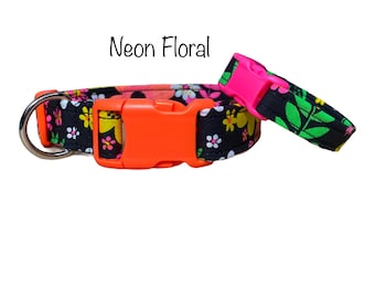 Neon Floral dog collar, adjustable collar, dog collar for girl, girl dog collar, washable, fabric dog collar, side release, neon, flowers