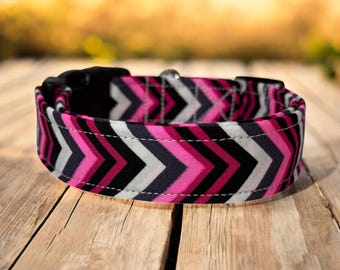 Handmade Pink, gray, and white Dog collar, side release washable fabric adjustable pet collar, funny dog collars, side release, washable