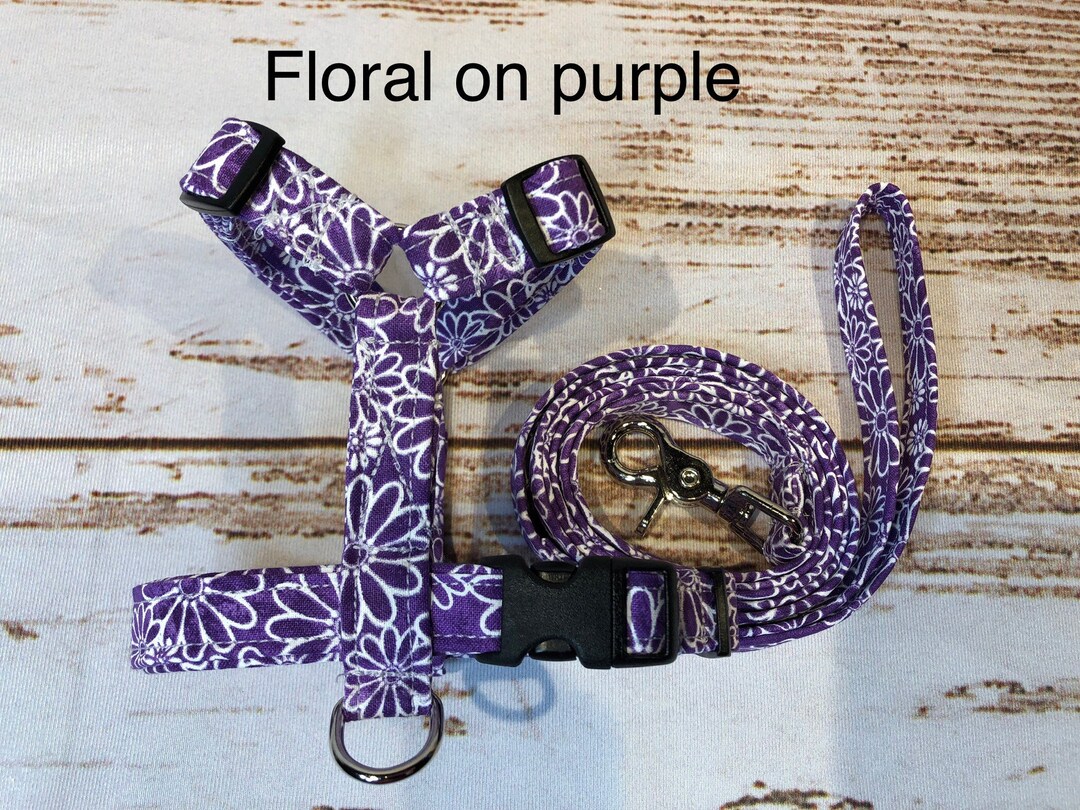 Purple Floral Dog Harness and Leash Set, Funny Handmade Dog