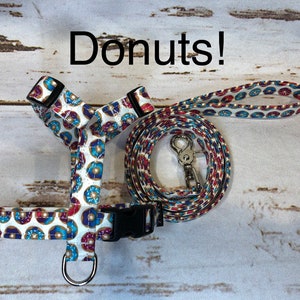 Donut Print Dog Harness and Leash Set: Step-In or Standard, Funny Handmade Dog Collar