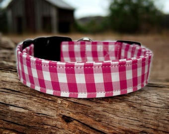 Pink Gingham dog collar, handmade fabric dog collar, side release adjustable dog collar, funny dog collars, washable collar, gifts for dogs