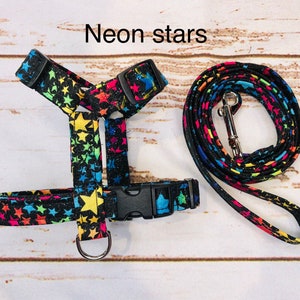 Neon Stars Dog Harness and Leash Set, Funny Handmade Dog Collar