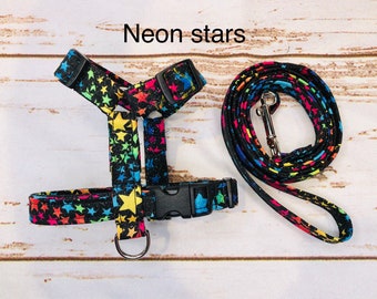 Dog harness, Harness and leash, step in harness, standard harness, dog halter, dog harness set, dog halter, female, neon stars, sparkles