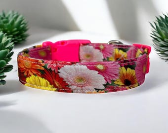 Gerber Daisy floral dog collar, handmade fabric dog collar, side release adjustable dog collar, funny dog collars, washable, gifts for dogs