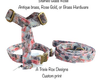 Dog harness, Harness and leash, step in harness, standard harness, dog harness set, rose gold, rose gold hardware, floral dog harness