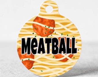 Spaghetti and Meatball funny pet tag: 2 sided aluminum with stainless steel split ring and silicone tag silencer, personalized pet tag