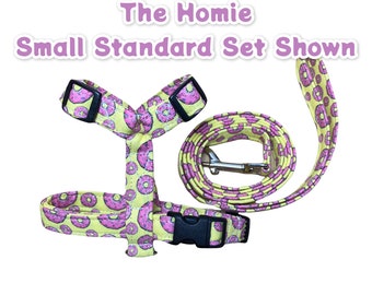 Donut harness and leash set, dog harness and leash set, standard Roman harness, step in harness, yellow, pink, adjustable, washable, donuts
