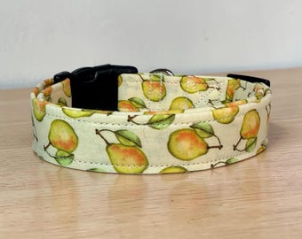 Pear handmade dog collar, funny food dog collar, adjustable side release, washable cotton fabric, webbing core, customizable hardware