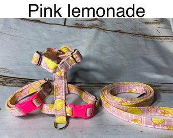 Dog Harness, harness and leash set, leash, step in harness, standard dog harness, adjustable dog harness, pink dog harness, pink lemonade