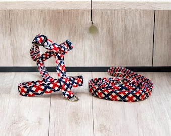 Patriotic Argyle dog harness and leash set, standard Roman harness, step in harness, dog harness, adjustable dog harness, Dog halter