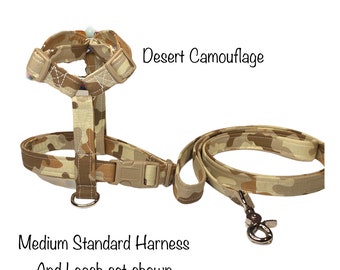 Camouflage dog harness, dog harness and leash set, standard Roman dog harness, step in dog harness, desert camouflage, adjustable harness