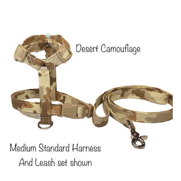 Camouflage dog harness, dog harness and leash set, standard Roman dog harness, step in dog harness, desert camouflage, adjustable harness
