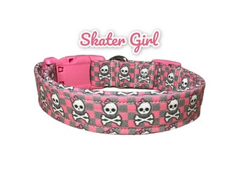 Pink skull dog collar, dog collar girl, punk rock dog collar, rebel dog collar, pink and black dog collar, side release, checkered collar