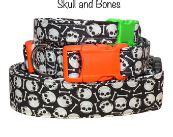 Skull dog collar, Halloween dog collar, adjustable collar, skull cat collar, cat collar, washable, side release collar, fabric collar, skull