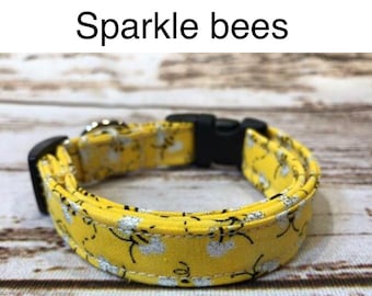Bee dog collar, yellow dog collar, bees, sparkle bees, adjustable, washable, fabric dog collar, dog collar girl, yellow bees, bumble bee