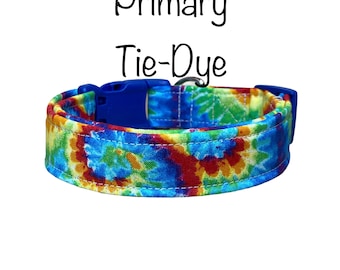 Bright tie dye dog collar, dog collar, cat collar, tie dye, hippy dog collar, red, green, yellow, blue, adjustable, washable, eco friendly