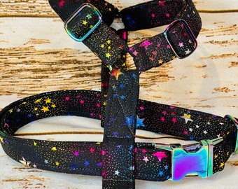 Dog harness, Harness and leash, step in harness, standard harness, dog harness set, Neo chrome hardware, celebration stars, rainbow hardware