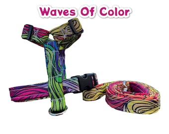 Rainbow wave dog harness and leash set, step in harness, standard Roman harness, adjustable dog harness, matching leash, rainbow waves