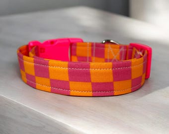 Retro Checkered Dog Collar, Handmade Adjustable Collar, Washable Fabric dog collar, Pet Accessory, Custom dog collar, side release collar