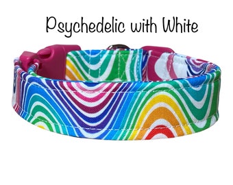 Psychedelic dog collar, rainbow dog collar, adjustable collar, washable collar, side release collar, fabric dog collar, cat collar, waves