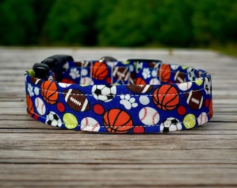 Sports ball dog collar, handmade fabric dog collar, side release adjustable dog collar, boy dog collar, washable dog collar, gifts for dogs