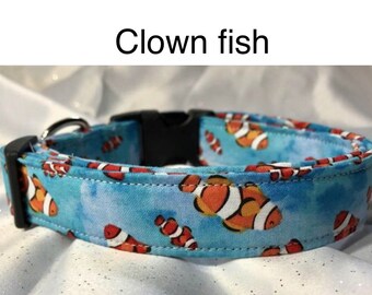 Fish dog collar, clownfish dog collar, sea life, side release collar, adjustable collar, fabric dog collar, washable collar, orange, blue