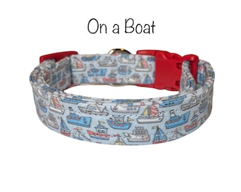 Boat dog collar, funny dog collar, adjustable, washable, eco friendly collar, sailing dog collar, cat collar, blue, red, white, sailing
