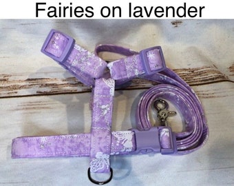 Dog harness, Harness and leash set, step in harness, standard harness, roman dog harness, dog harness set, purple, lavender, fairies, Fairy