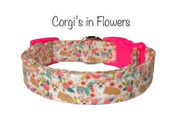 Corgi dog collar, corgis and flowers, dog collar, funny dog collar, cute dog collar, floral dog collar, corgi dogs, eco friendly collar