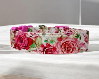 Pink Rose floral dog collar, handmade fabric dog collar, side release adjustable dog collar, funny dog collars, washable, gifts for dogs