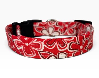 Red and white handmade floral dog collar, adjustable side release, washable cotton fabric, webbing core, customizable hardware color