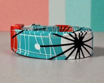 Handmade Mint & orange geometric dog collar: Washable fabric, adjustable side release, webbing core, customizable hardware, wide dog collar