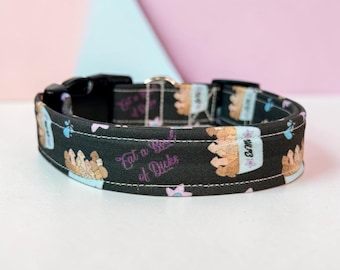Funny handmade dog collar “Bag of Dicks”: Adjustable side release, washable cotton fabric, webbing core, customizable hardware color