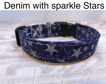Dog Collar, girl dog collar, boy dog collar, martingale collar, adjustable collar, buckle dog collar, denim blue, denim, stars, sparkle
