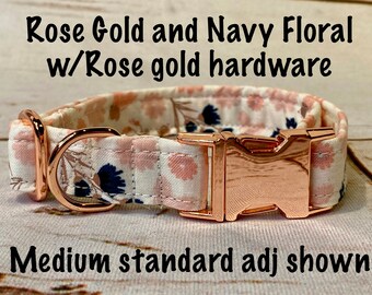 Rose gold and floral dog collar, rose gold hardware, adjustable, washable, eco friendly collar, dog collar girl, fabric dog collar, floral