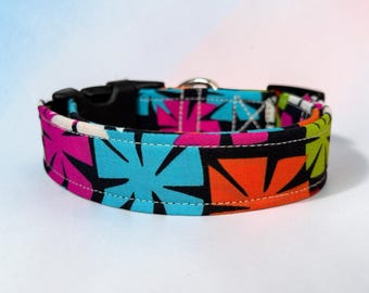 Rainbow retro modern funny handmade dog collar, adjustable side release, washable cotton fabric, webbing core, customizable hardware color